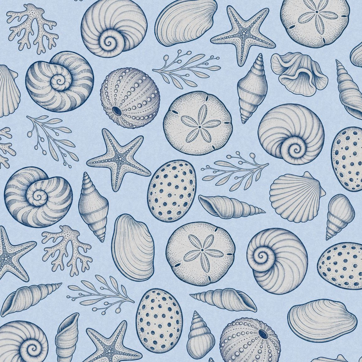 Seashell Cove wallpaper with seashells and marine flora on soft blue background.
