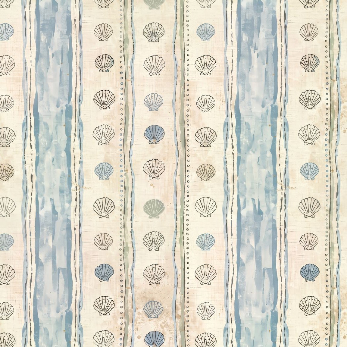 Seashell and stripe coastal wallpaper in blue and sand tones