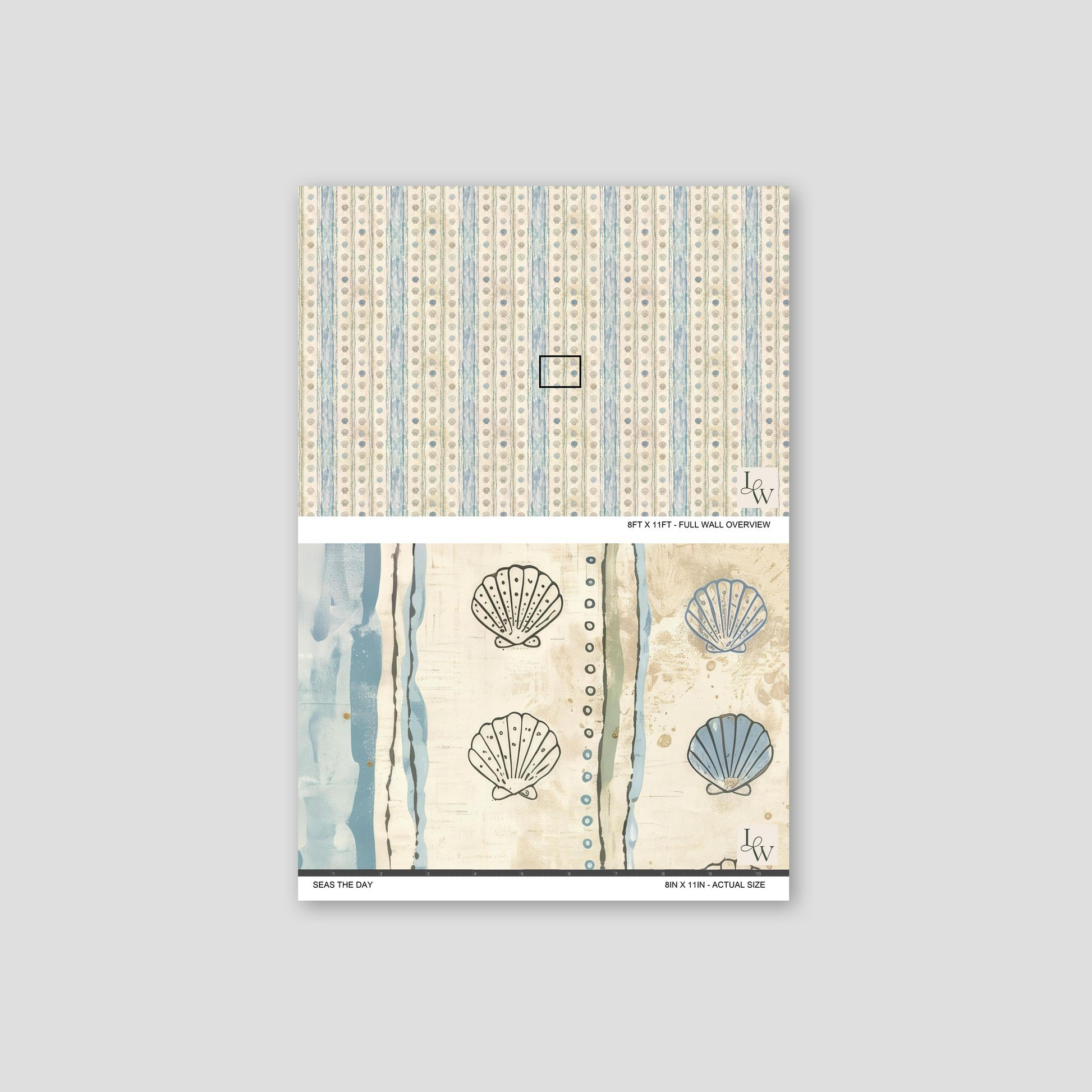 Seashell and stripe pattern wallpaper in blue and sand tones.