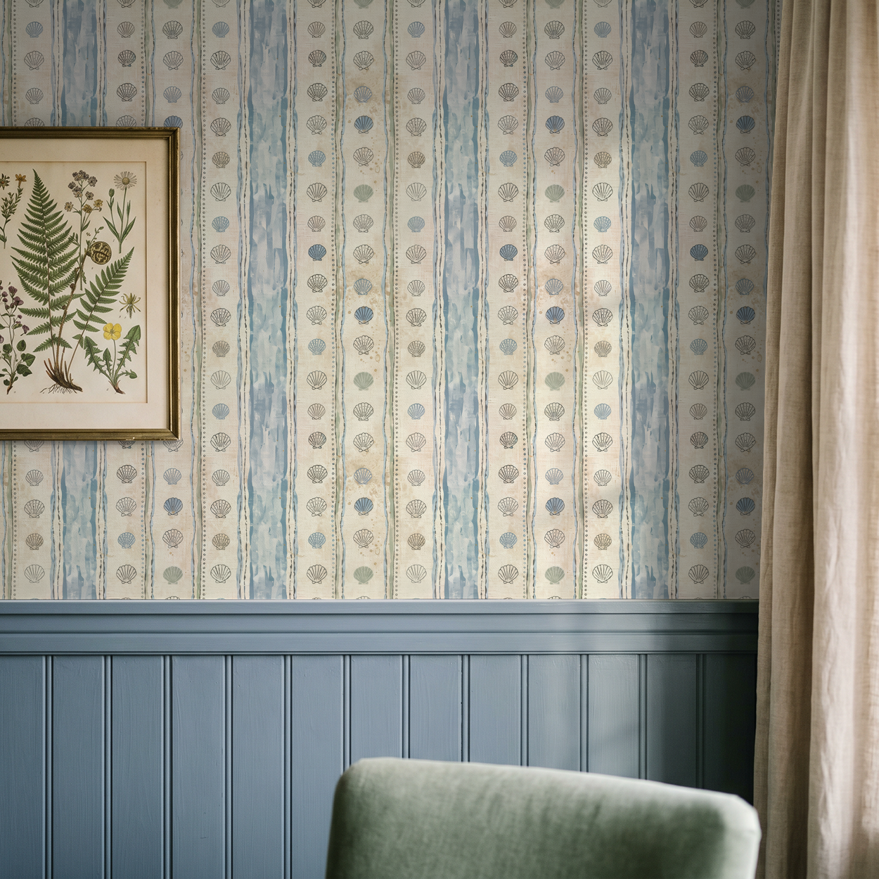 Seashell and stripe wallpaper in coastal living room with blue wainscoting.