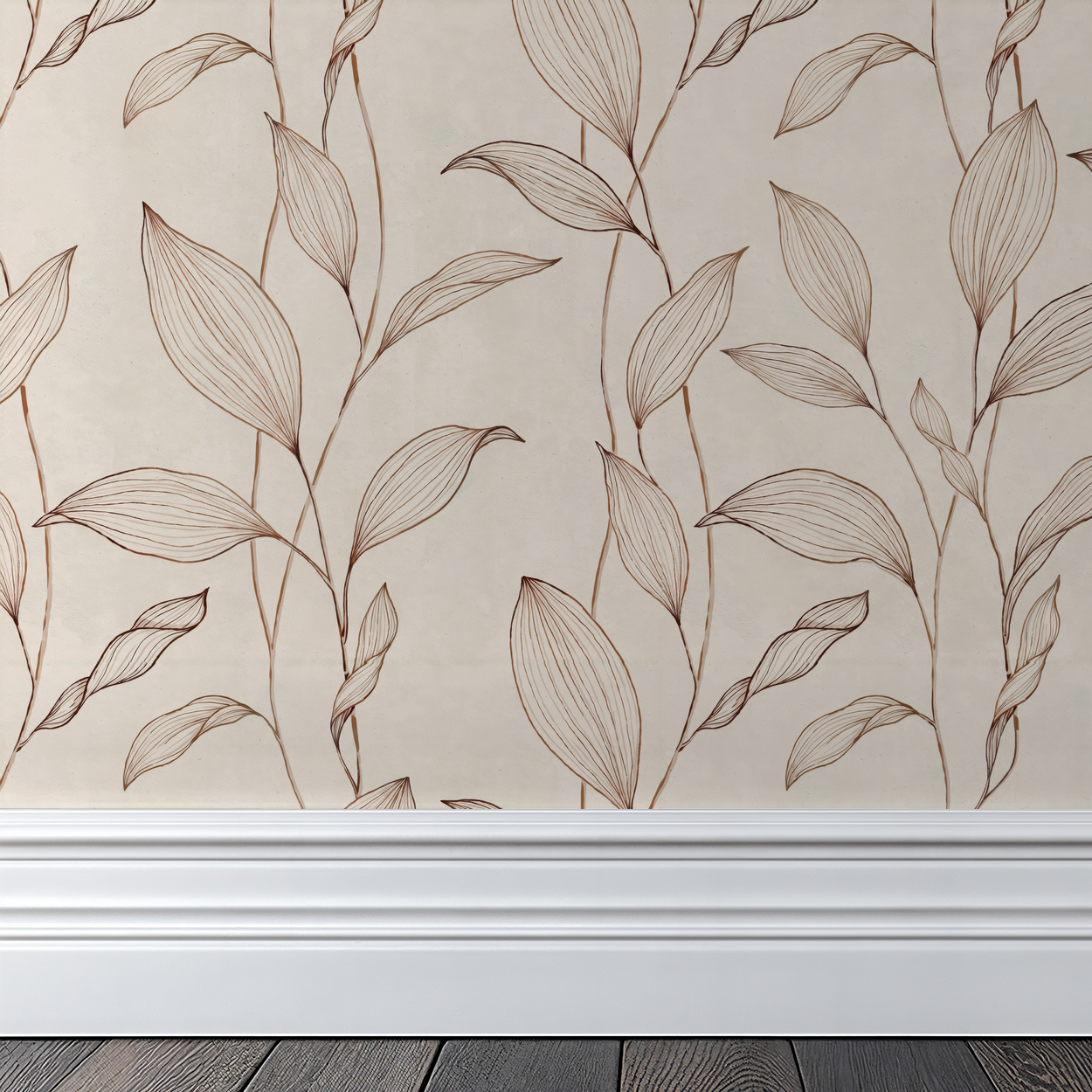 Sepia botanical leaf wallpaper on cream background with white baseboard.