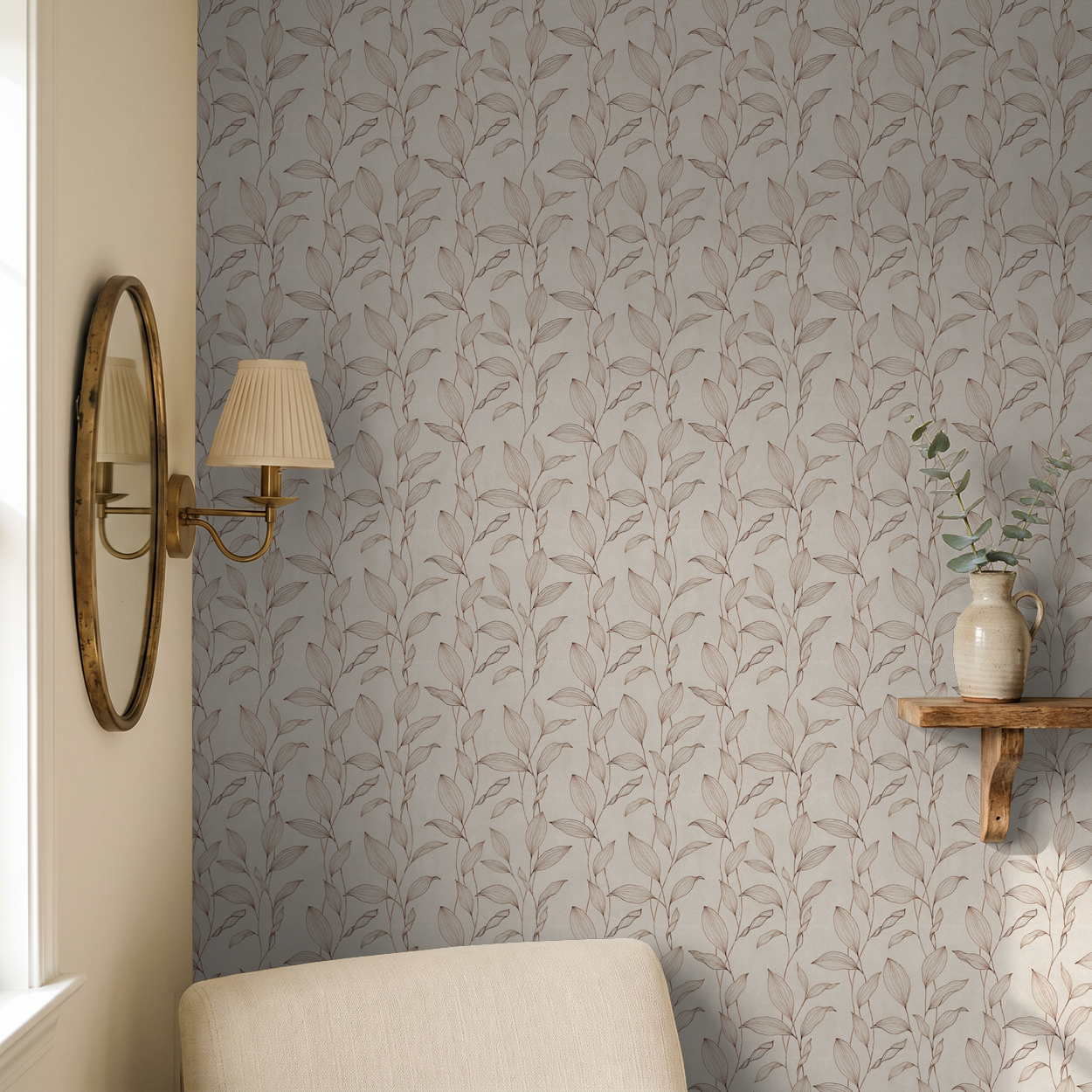 Sepia botanical wallpaper with cream backdrop in cozy room setting.
