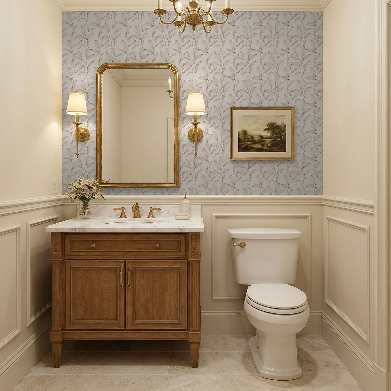 Elegant bathroom with sepia botanical wallpaper and vintage decor