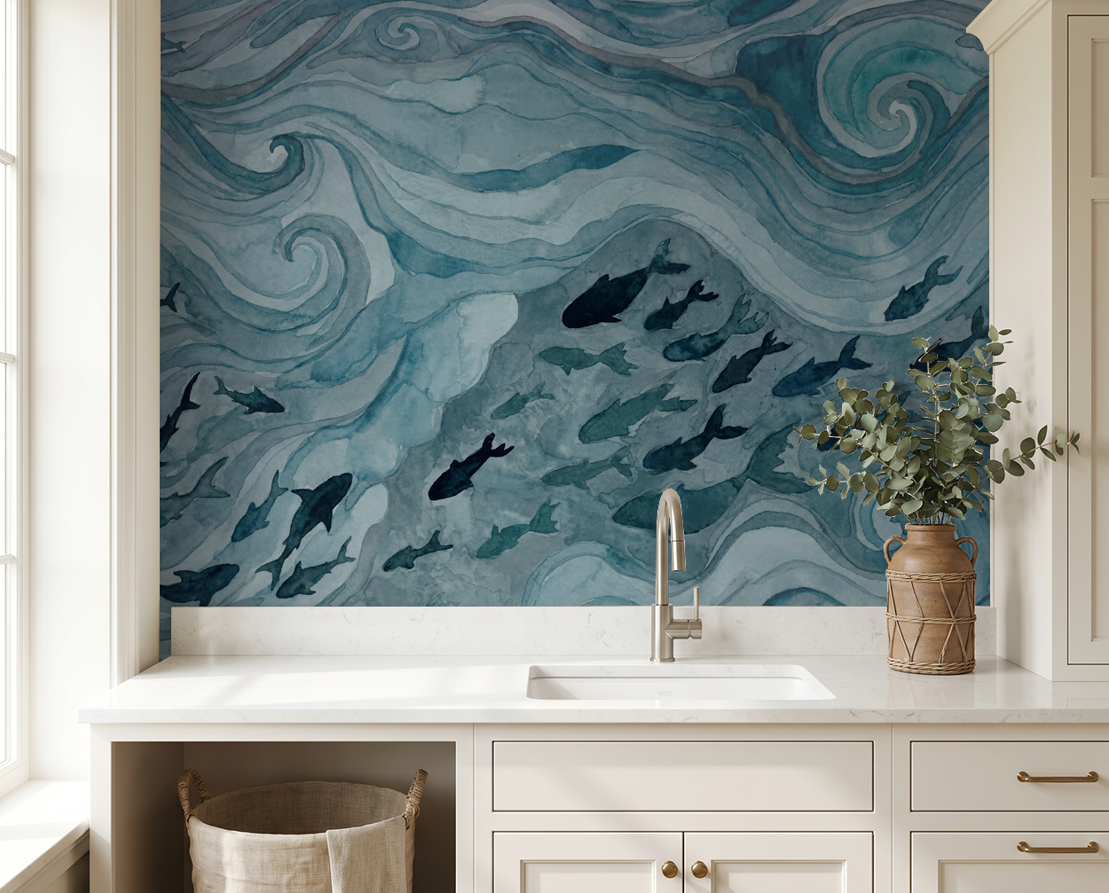 Serene blue and gray fish wave wallpaper in modern kitchen setting.