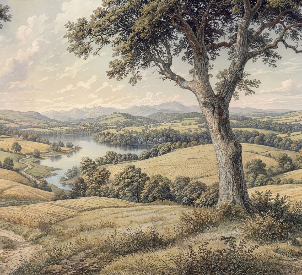 Serene countryside wallpaper with tree, rolling hills, and lake under pastel sky.