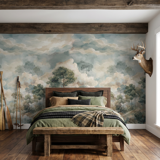 Serene forest landscape wallpaper in a rustic bedroom with wooden furniture.