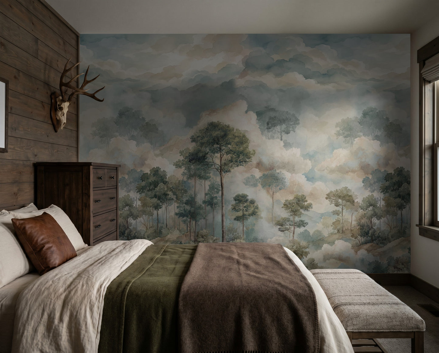 Serene forest-themed wallpaper with muted greens and blues in a cozy bedroom setting.