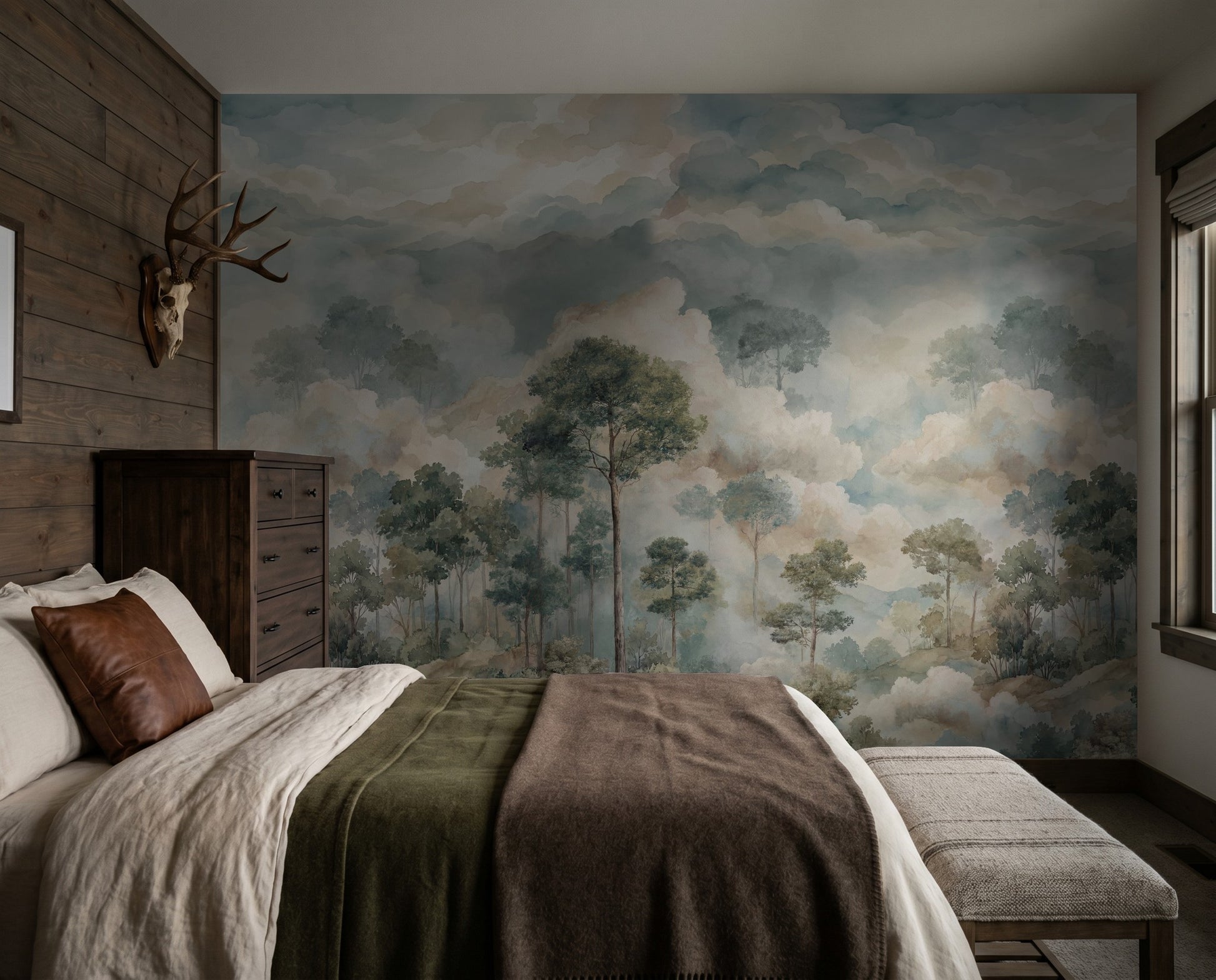 Serene forest-themed wallpaper with muted greens and blues in a cozy bedroom setting.