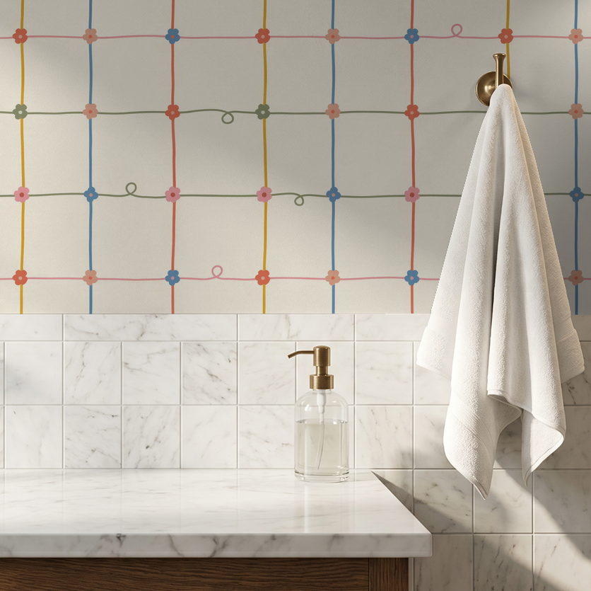 Serene Lace wallpaper with colorful floral grid pattern above marble bathroom counter.
