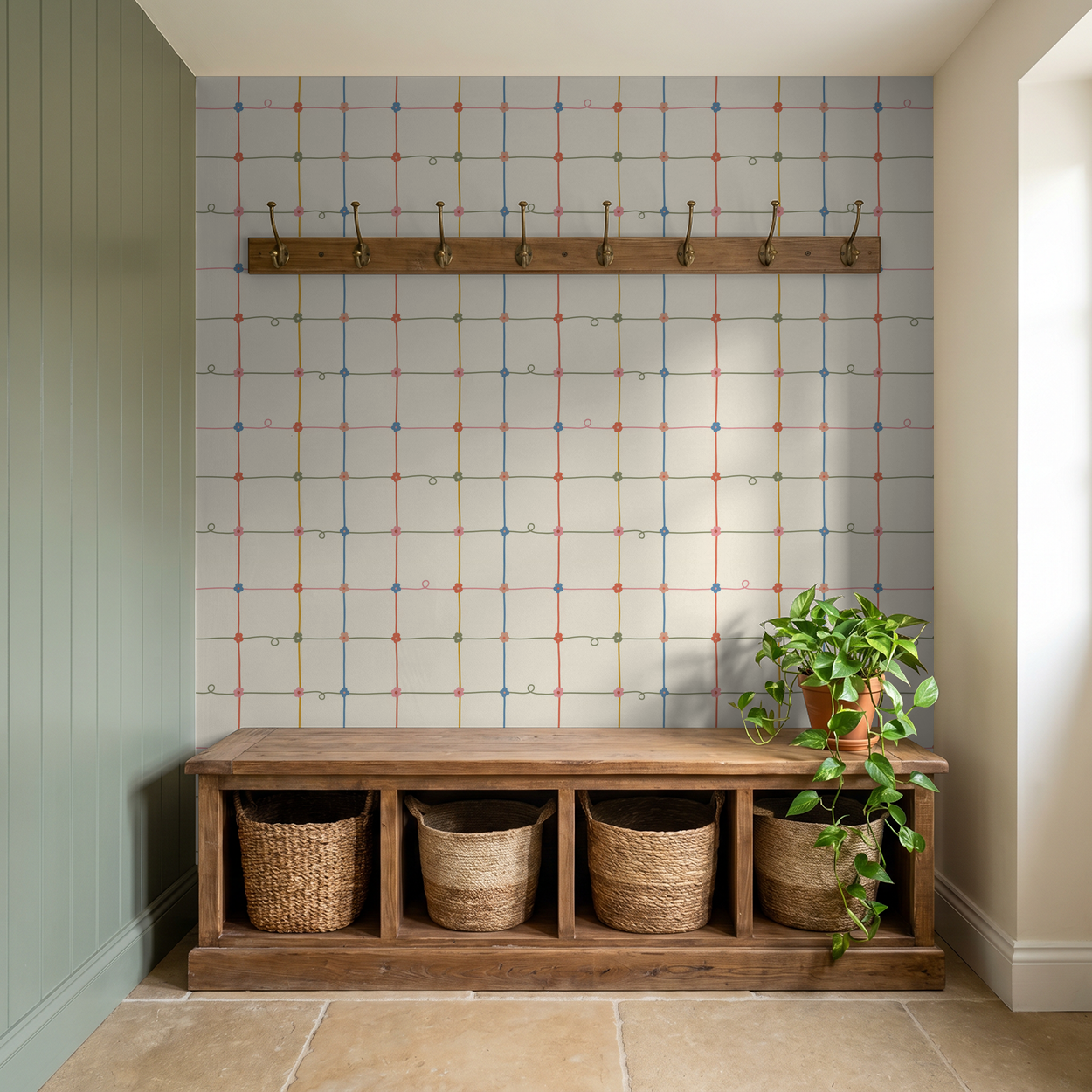 Serene Lace wallpaper with colorful lattice and floral motifs in cozy room with wooden bench.