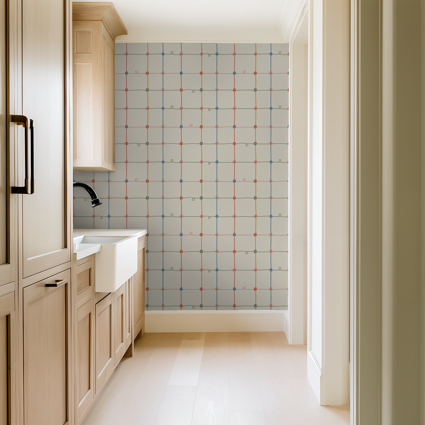 Serene Lace wallpaper with colorful lattice pattern in a modern laundry room.