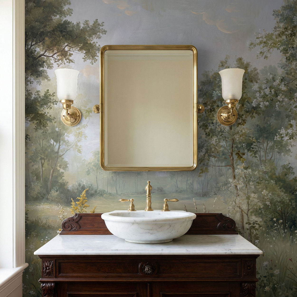 Serene woodland wallpaper in bathroom with vintage mirror and sink.