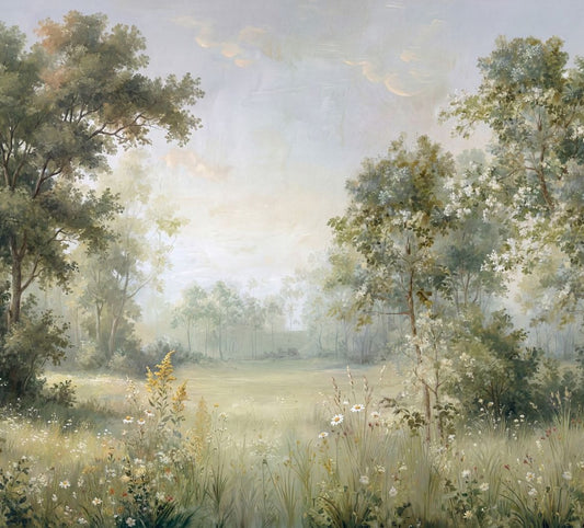 Serene woodland wallpaper with green trees and wildflowers in misty morning light.