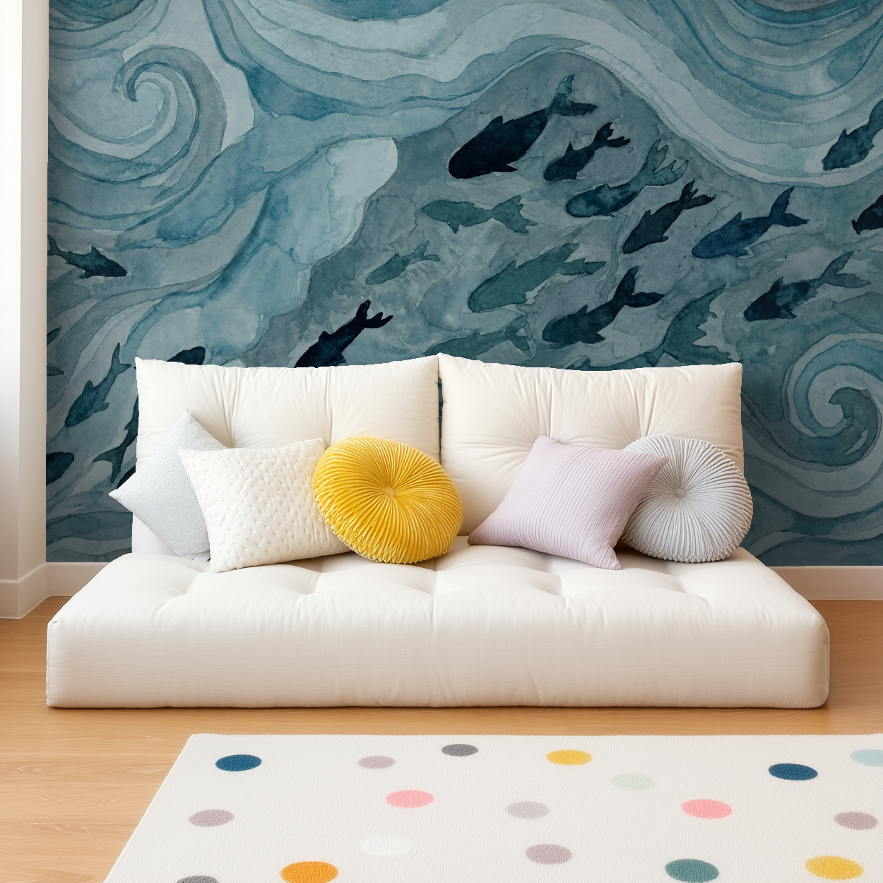 Silent Drift wallpaper with blue waves and fish in a modern living room with white sofa.