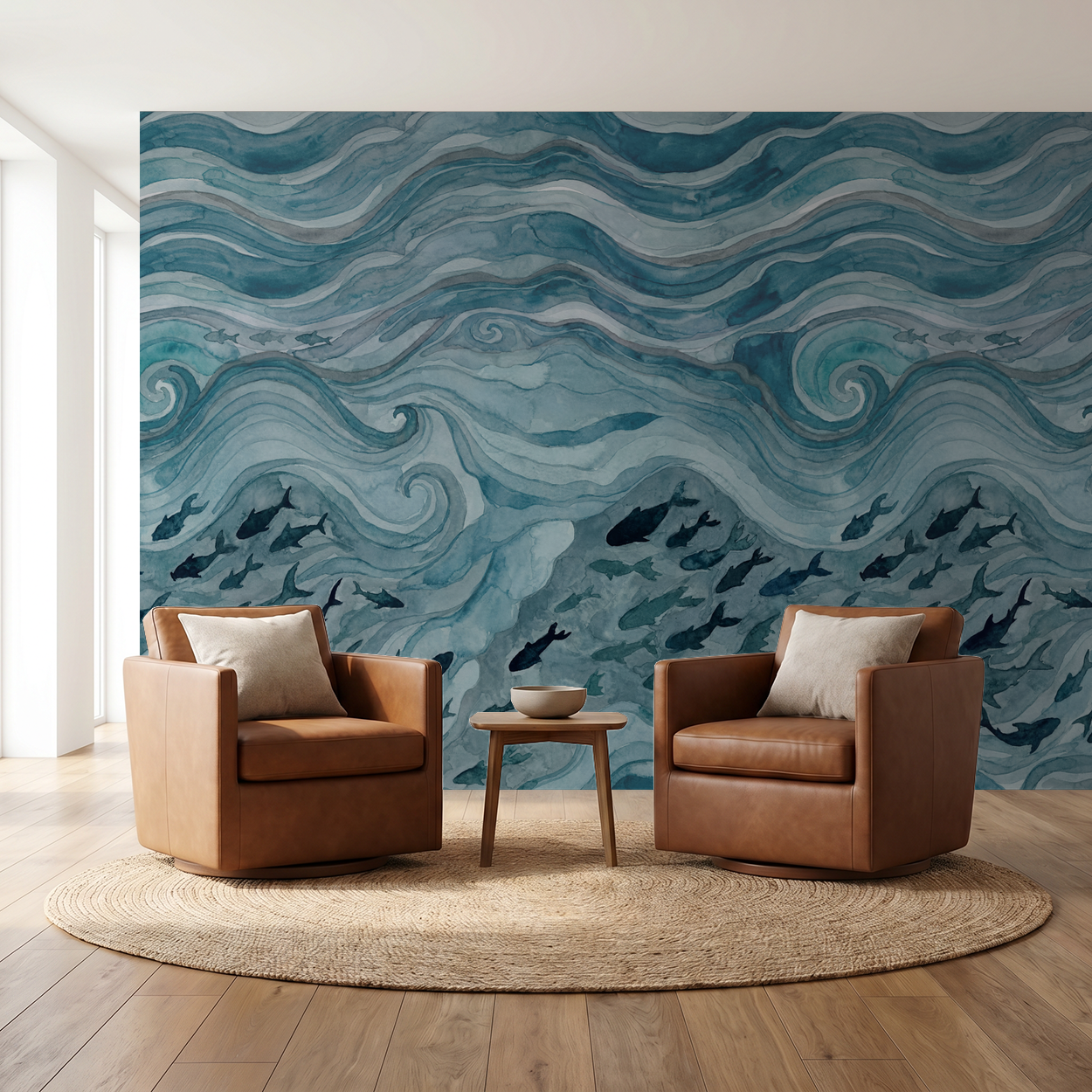 Silent Drift wallpaper with waves and fish in blue tones, modern room setting with leather chairs.