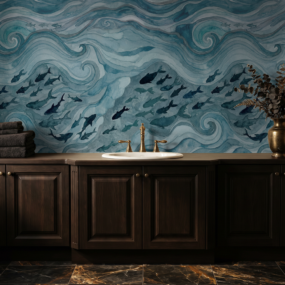 Bathroom with Silent Drift wallpaper featuring blue waves and fish pattern above dark wood cabinets.