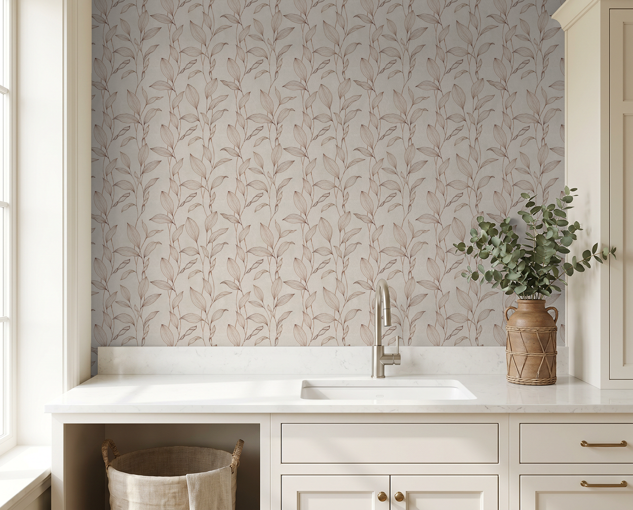 Silk Silhouette wallpaper with sepia botanical pattern in cream kitchen setting.