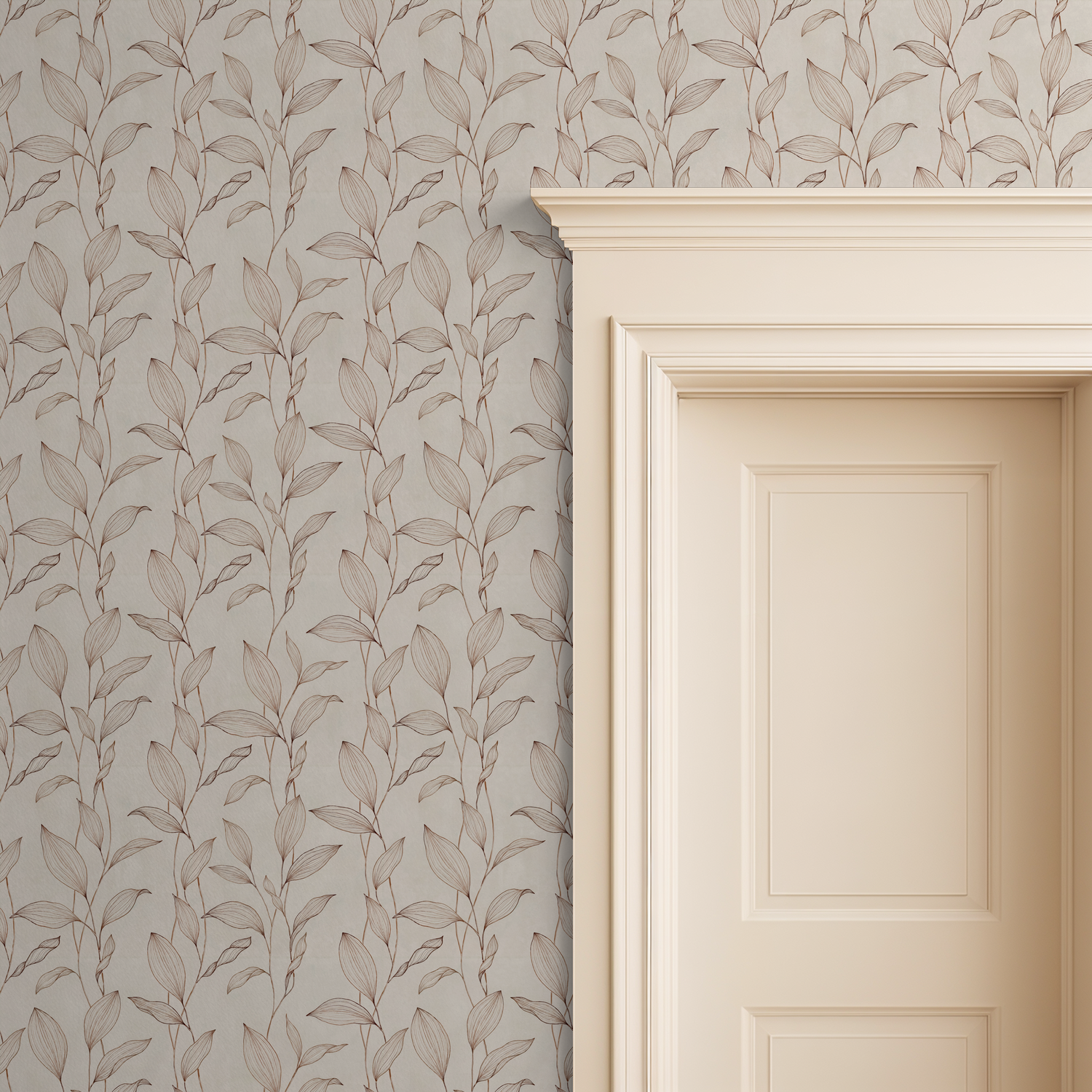 Silk Silhouette wallpaper with sepia botanical design on cream background beside doorframe.