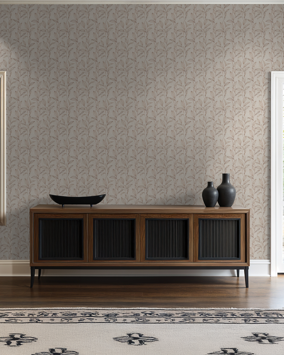 Silk Silhouette sepia botanical wallpaper in elegant living room with wooden furniture