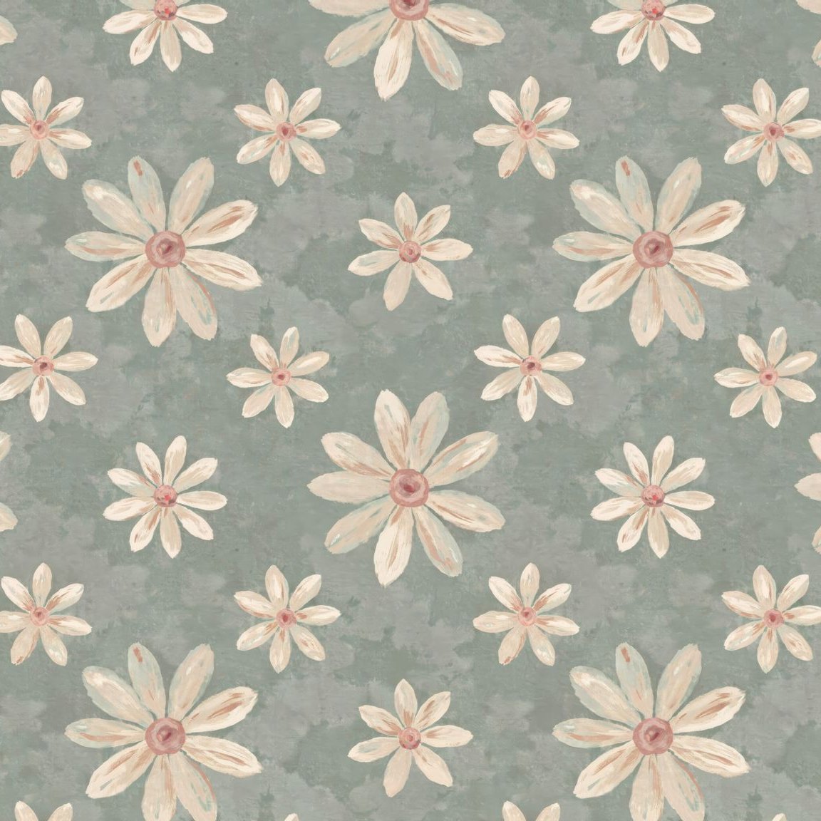 Soft floral wallpaper with creamy white and dusty pink daisies on sage background