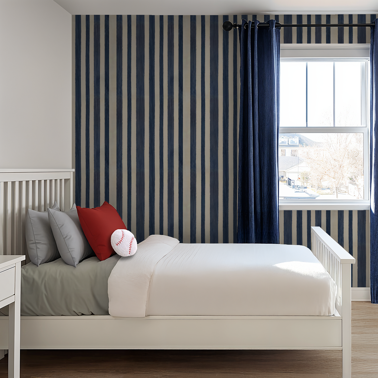 Stripe Vibes wallpaper with blue and beige vertical stripes in a modern bedroom.
