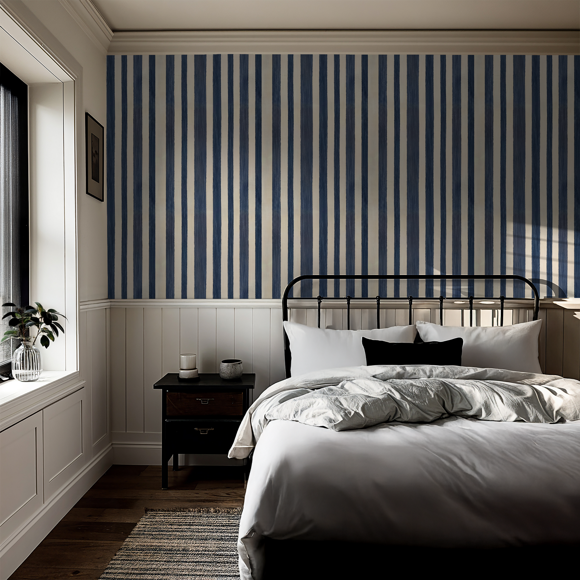 Modern bedroom with Stripe Vibes wallpaper in blue and beige vertical stripes.