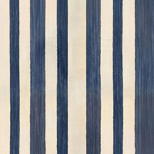 Vertical striped wallpaper with deep blue and beige tones, textured surface.
