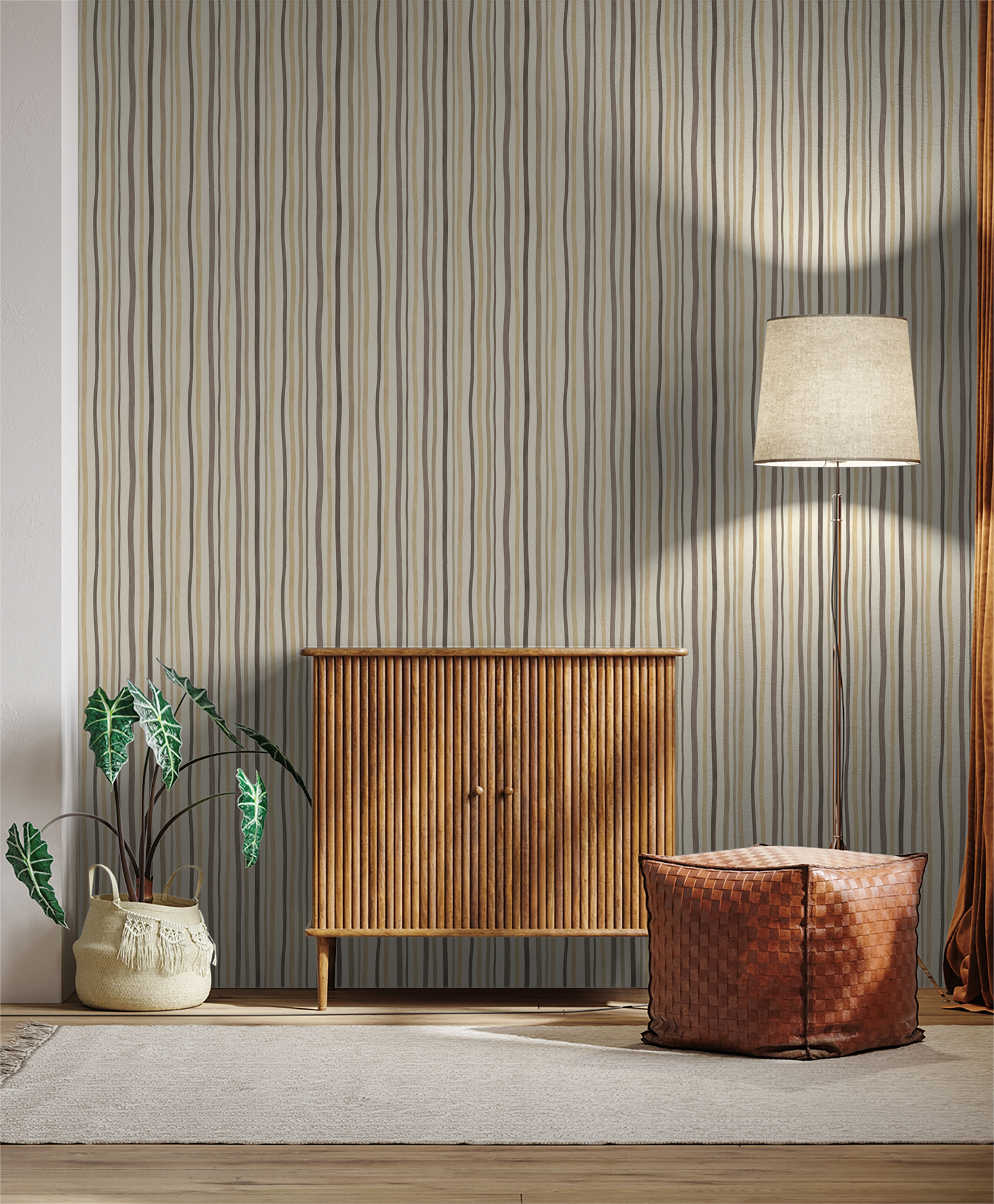 Striped beige and taupe wallpaper in modern living room with wooden cabinet and lamp.