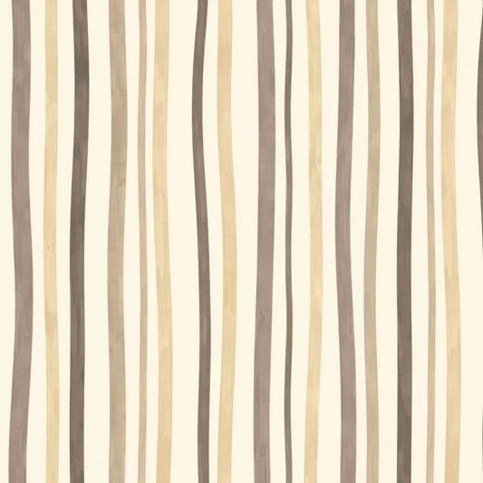 Striped wallpaper with vertical lines in beige, taupe, and cream tones.