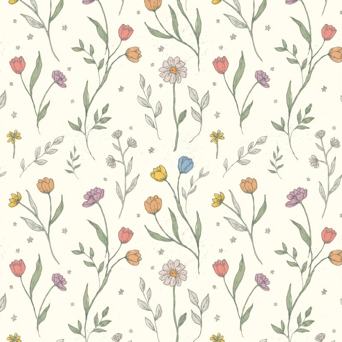 Floral wallpaper with pastel tulips, daisies, and leaves on a cream background.