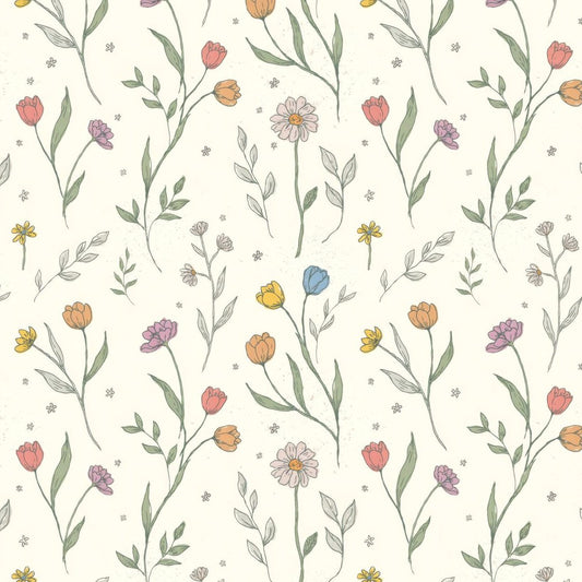 Floral wallpaper with pastel tulips, daisies, and leaves on a cream background.