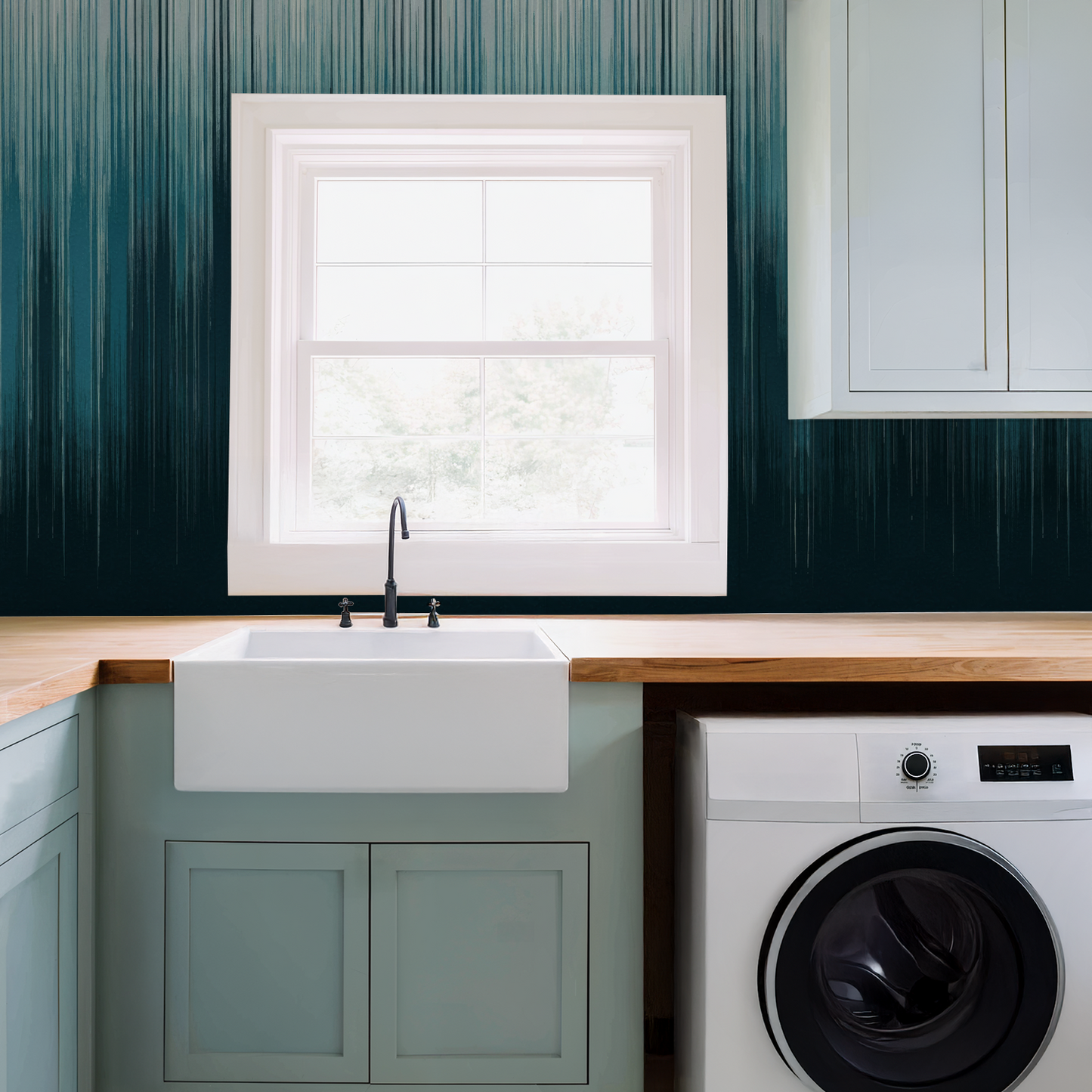Teal and navy gradient striped wallpaper in modern laundry room with sink.