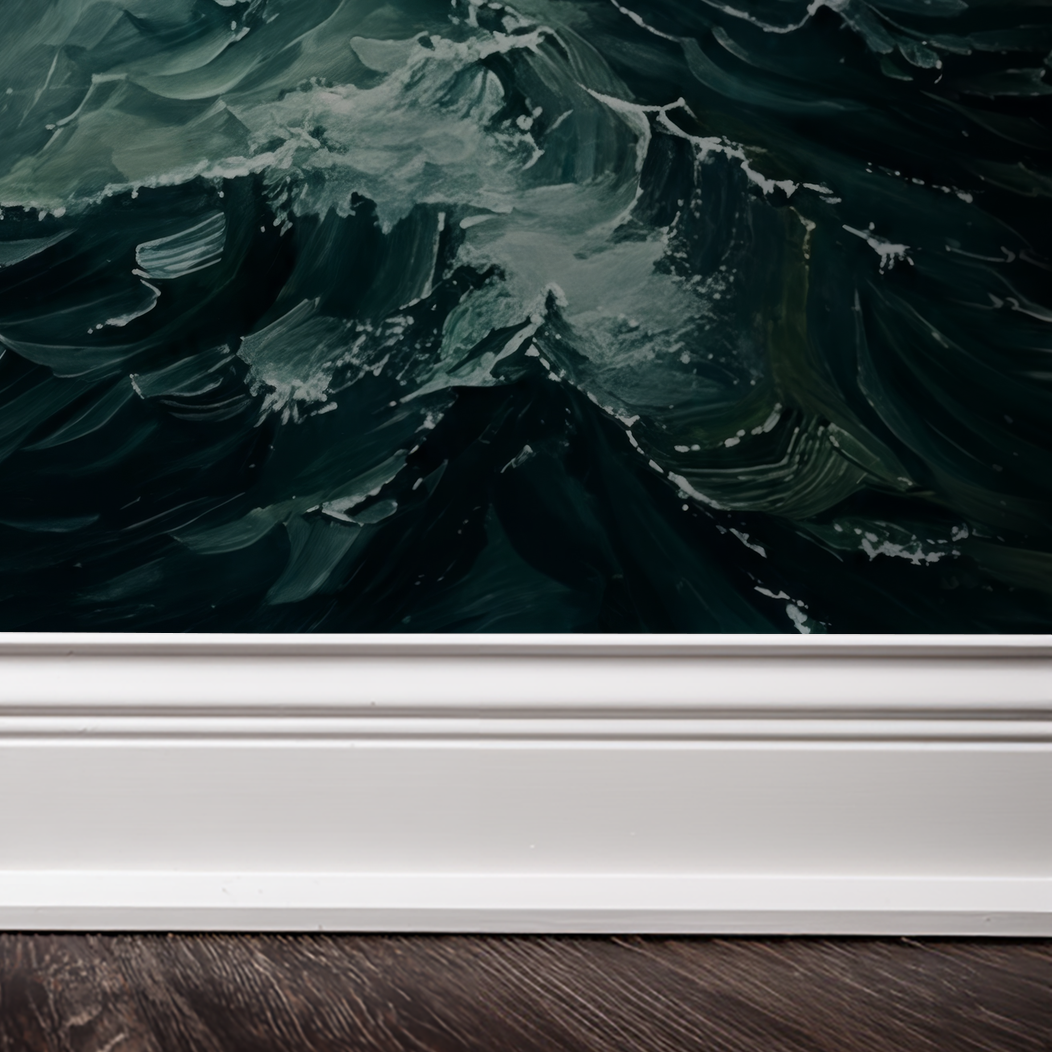 Teal and navy swirling ocean wave wallpaper with white baseboard