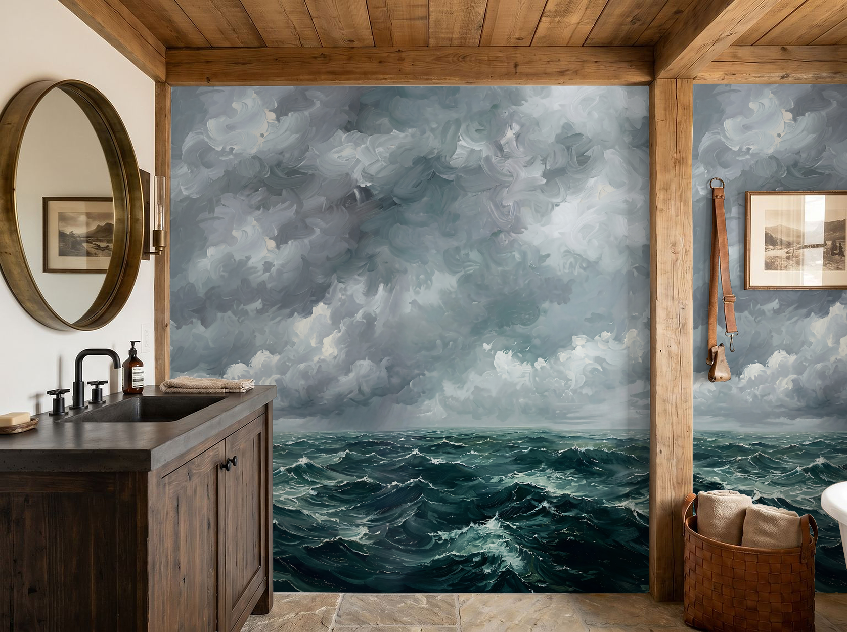 Teal and navy ocean wave wallpaper in rustic bathroom with wooden accents.