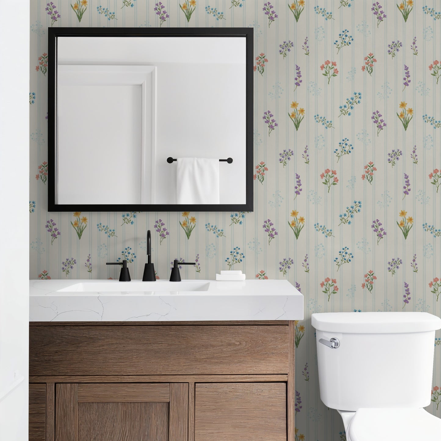 The Juliet floral wallpaper with pastel bouquets in a bathroom setting.