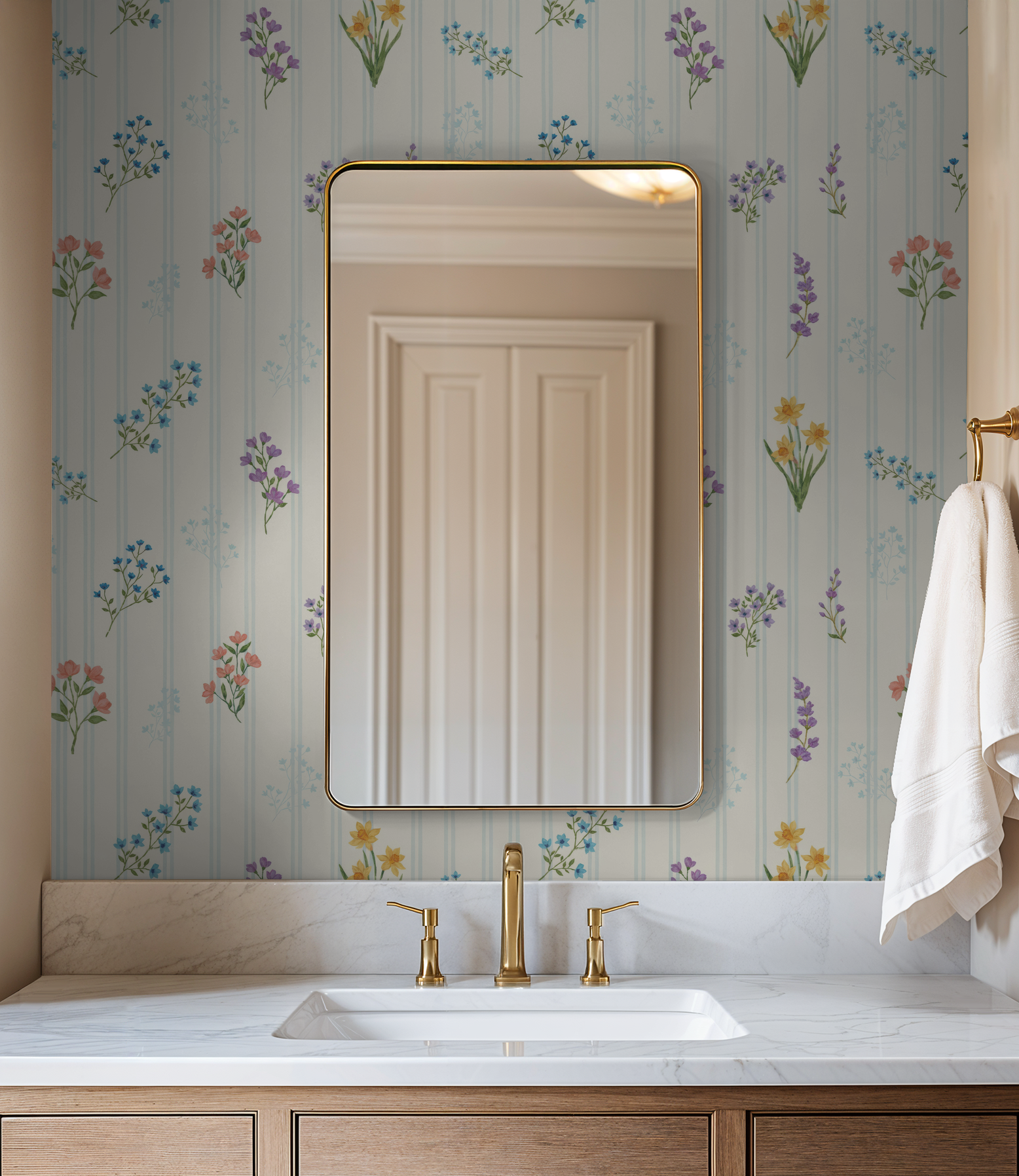 The Juliet floral wallpaper with pastel flowers in elegant bathroom setting.