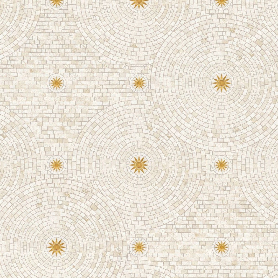 Tiled Sunshine wallpaper with cream and gold concentric circles and starbursts.