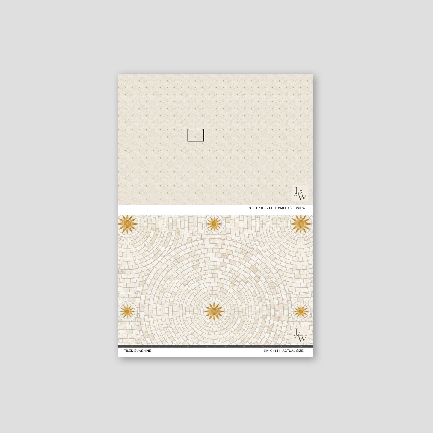 Tiled Sunshine wallpaper with geometric circles and starbursts in cream and gold.