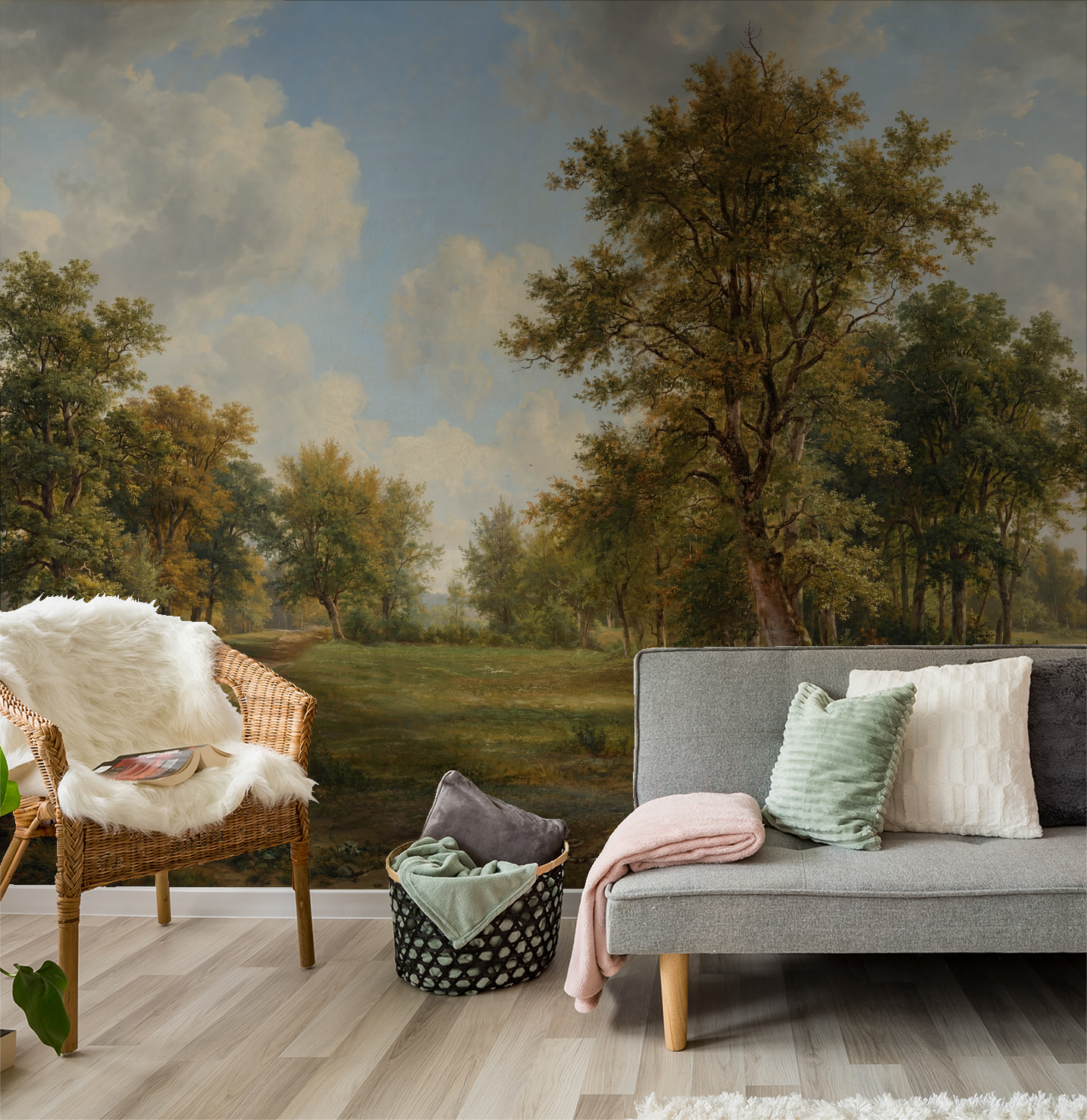 Treehouse Lane wallpaper with trees and clouds in cozy living room setting.