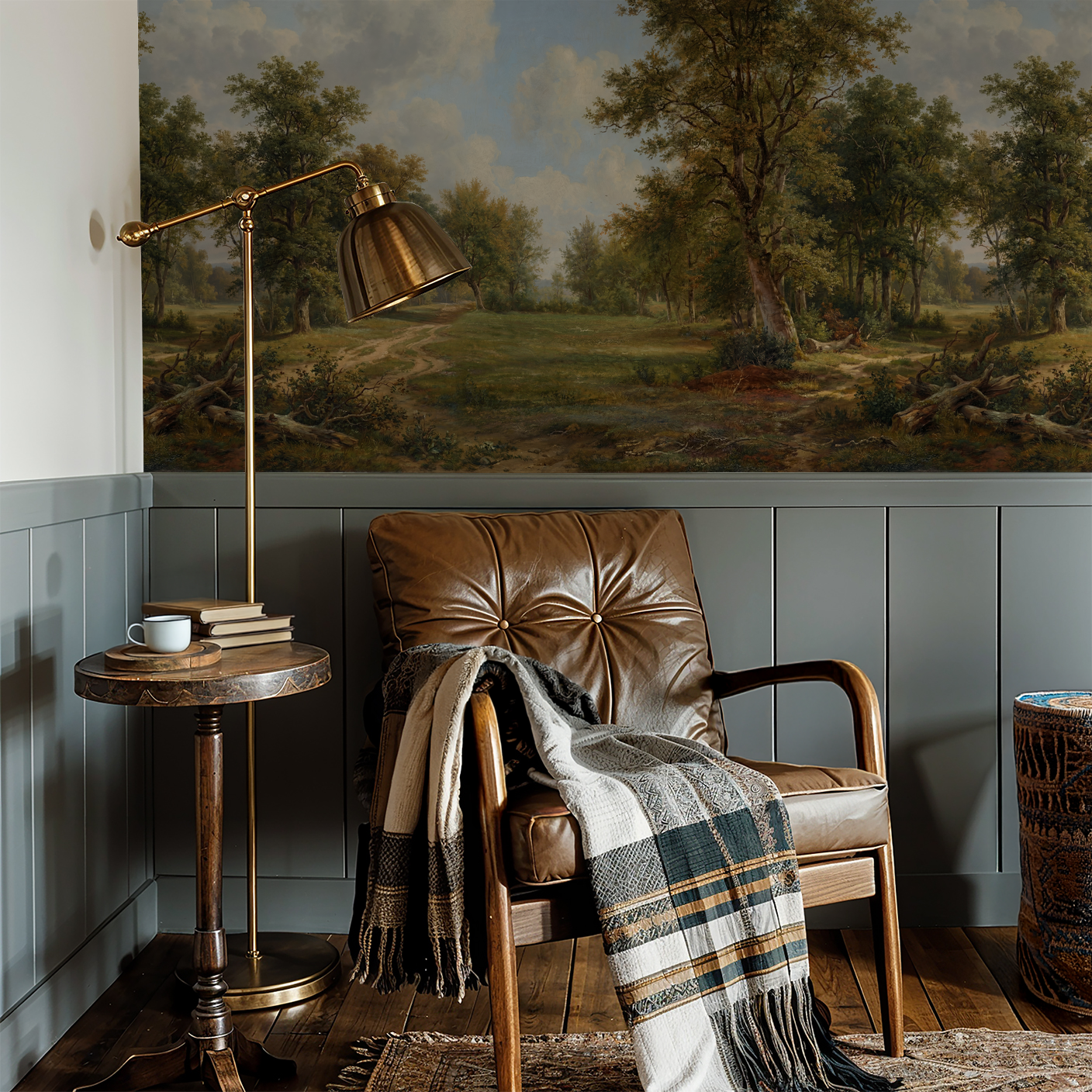 Treehouse Lane wallpaper with pastoral landscape in cozy study with leather chair and lamp.