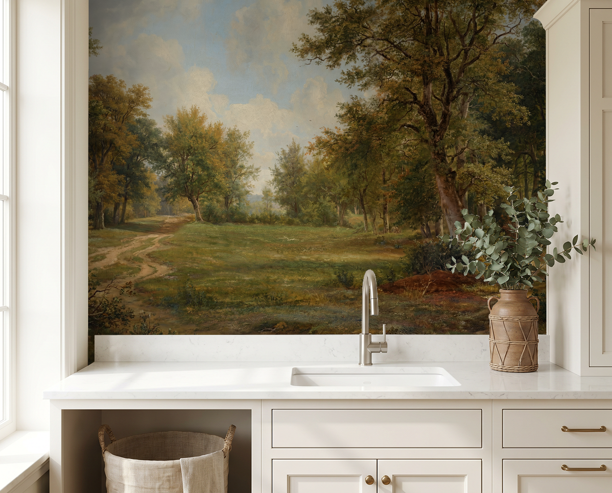 Treehouse Lane wallpaper with pastoral landscape and trees in a kitchen setting.