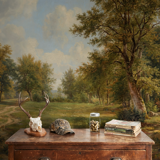 Treehouse Lane wallpaper with pastoral landscape and rustic decor on wooden dresser.