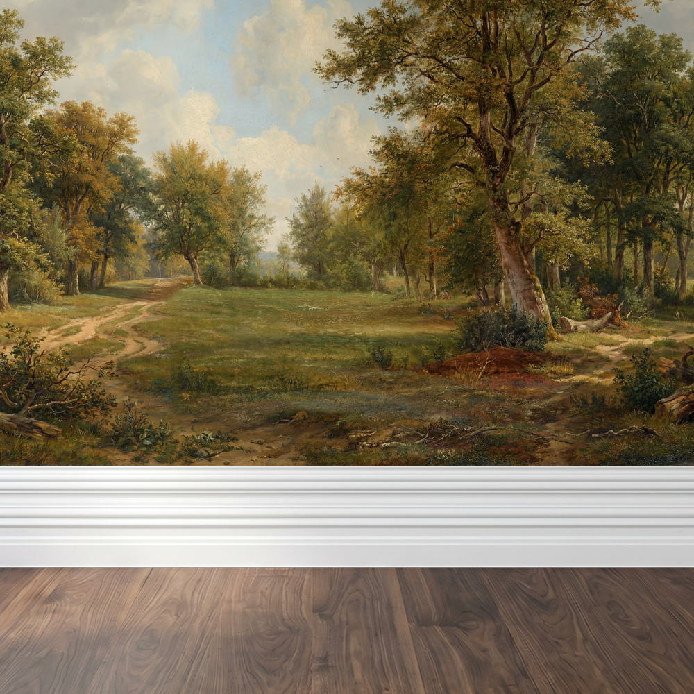 Treehouse Lane wallpaper with pastoral landscape, trees, and clouds in a serene setting.
