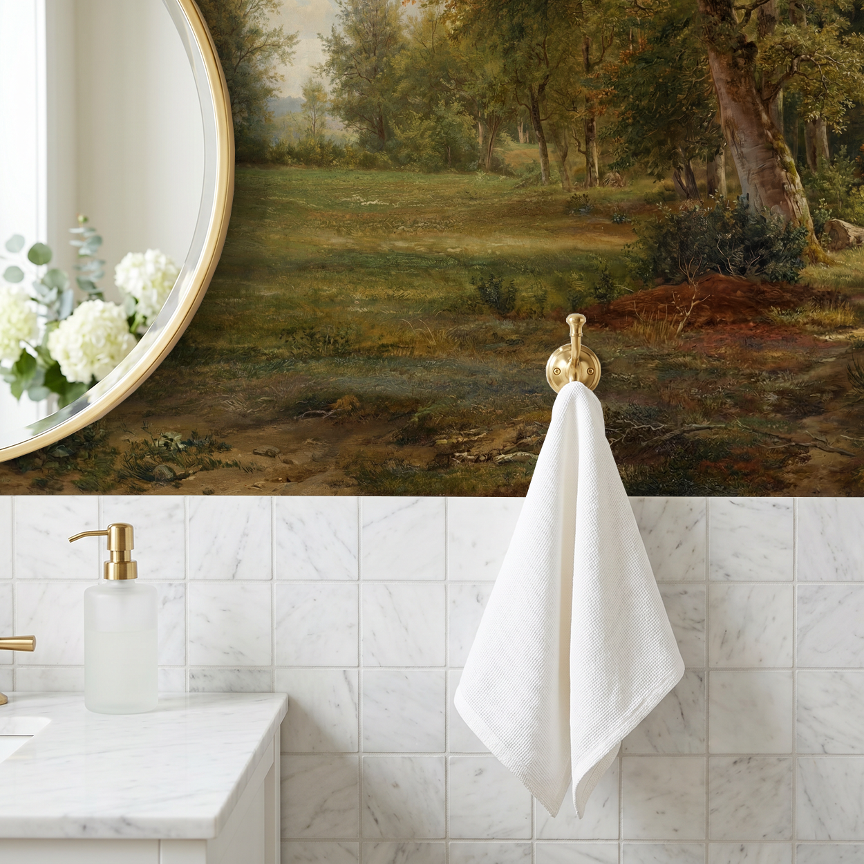 Treehouse Lane wallpaper with pastoral landscape in elegant bathroom setting.