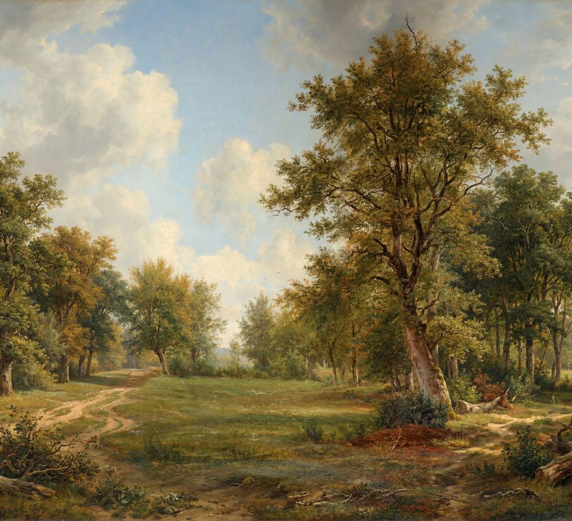 Treehouse Lane wallpaper with pastoral landscape, trees, and clouds.