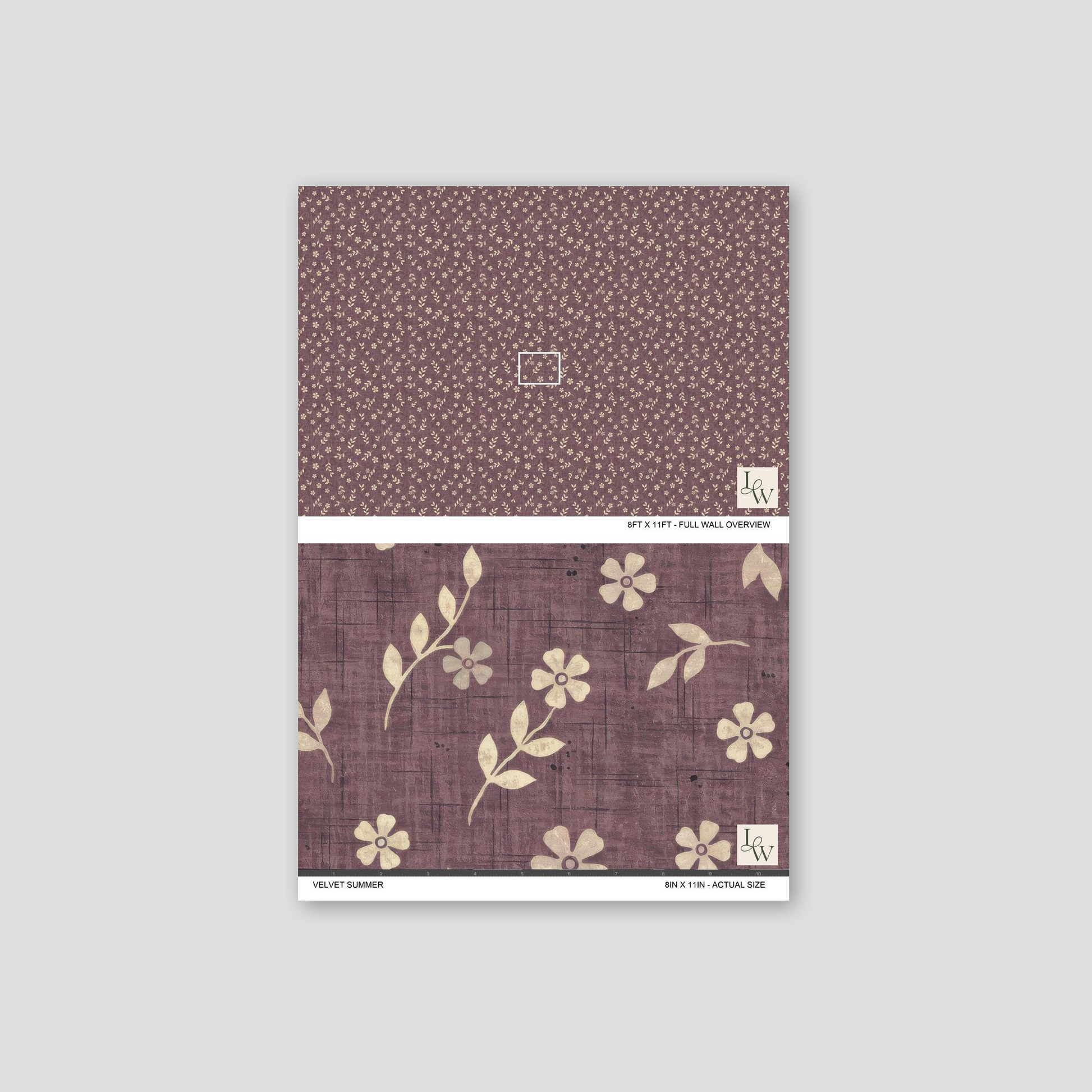 Velvet Summer wallpaper with plum backdrop and creamy floral motifs.