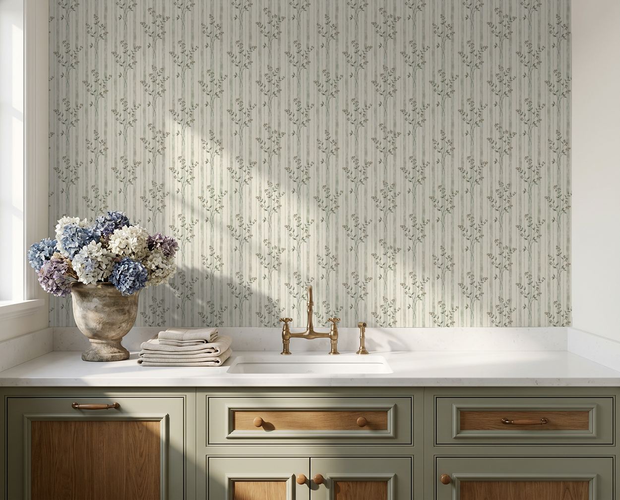 Vintage floral striped wallpaper in elegant kitchen setting with hydrangea vase.