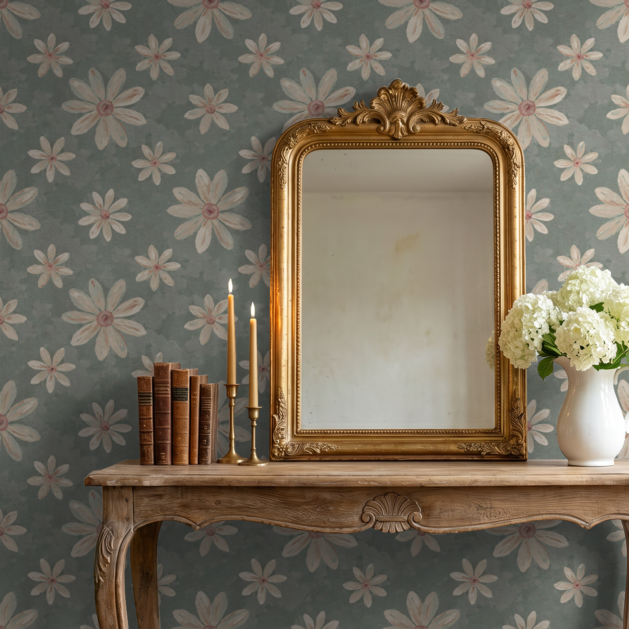 Vintage floral wallpaper with creamy white and dusty pink daisies on sage background in elegant room.