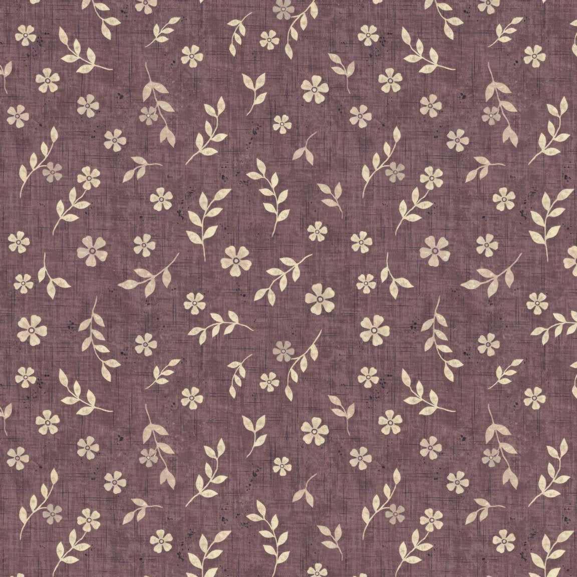 Vintage floral wallpaper with plum background and cream flowers and leaves.