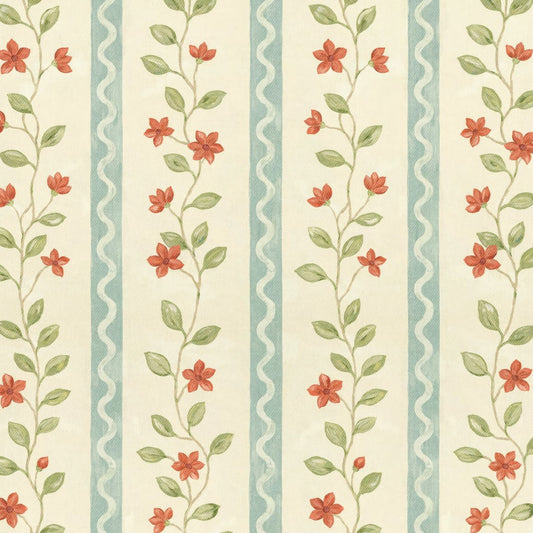 Vintage floral wallpaper with red flowers and green vines on a cream background.